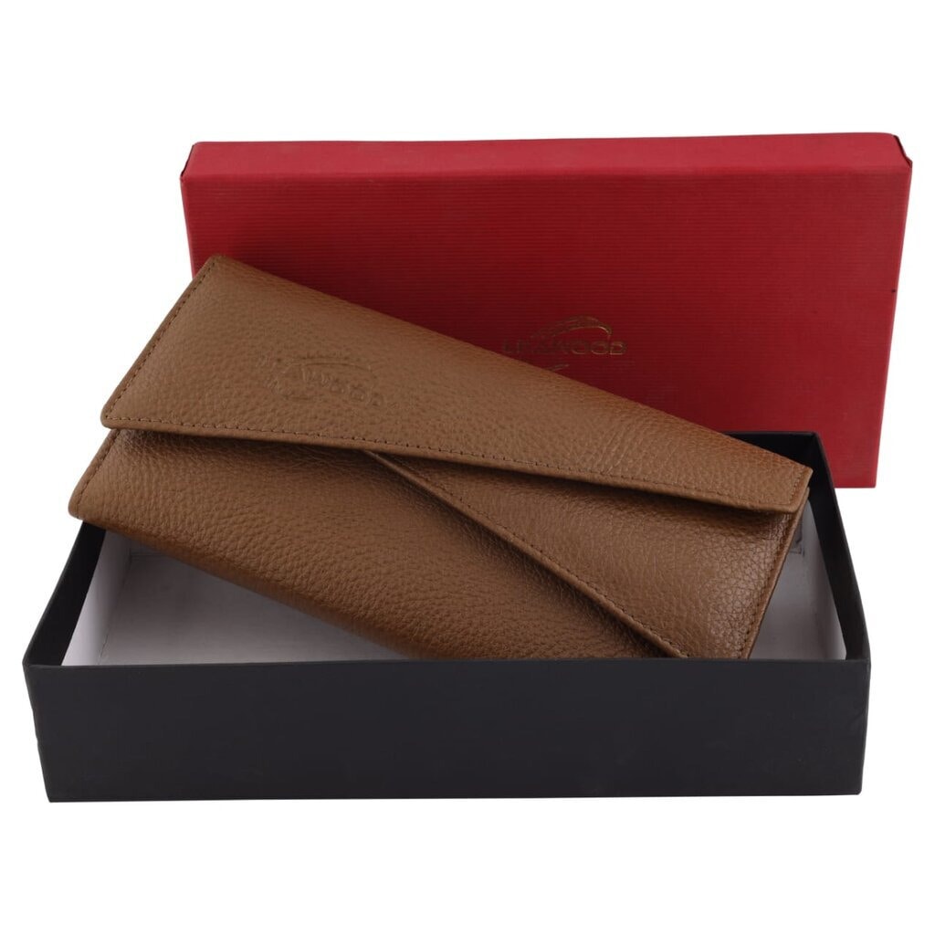 Elegant brown leather ladies clutch wallet displayed with premium red and black gift box packaging