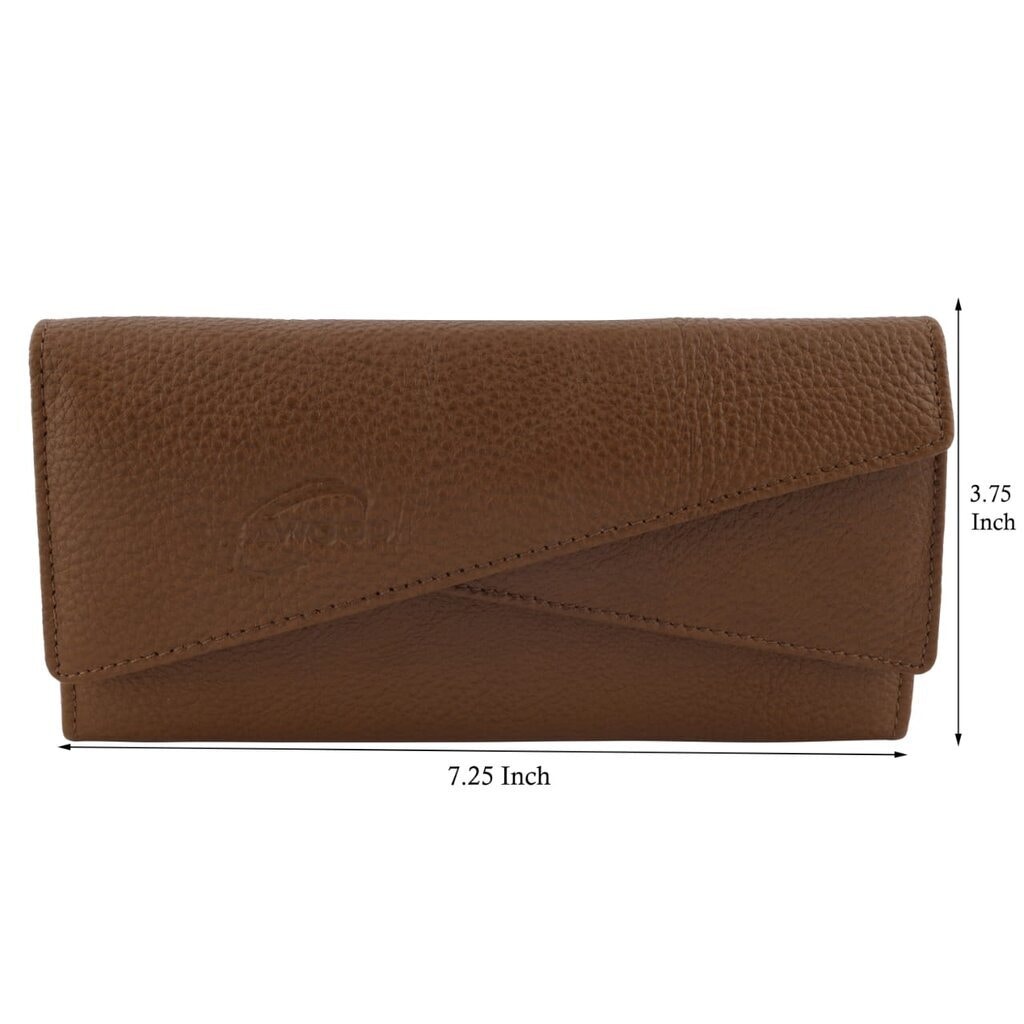 Brown leather women’s clutch wallet with measurements 7.25 inches by 3.75 inches highlighted