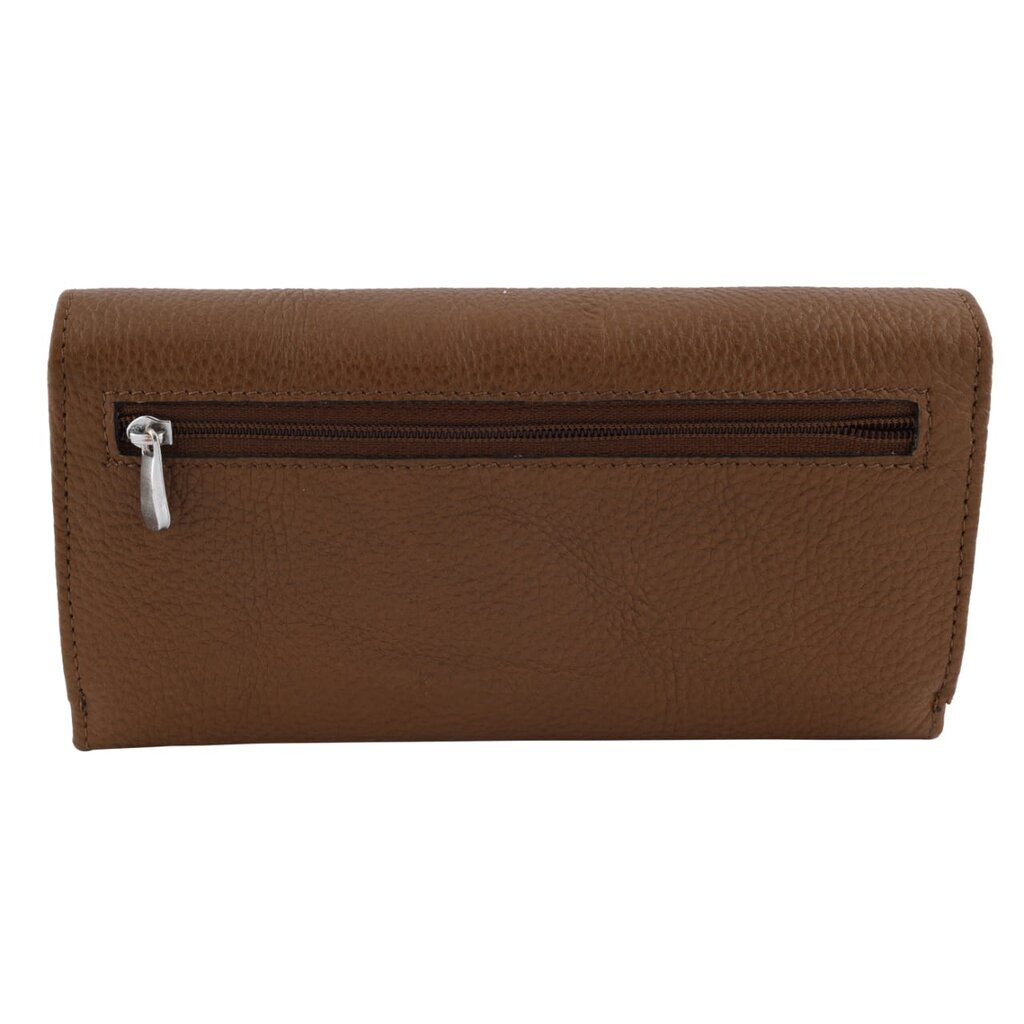Back view of a brown leather ladies clutch wallet featuring a sleek zipper compartment and a textured finish.