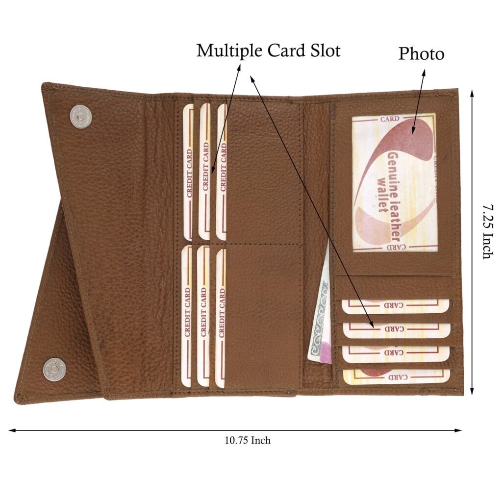 Open brown leather clutch wallet showing multiple card slots, a transparent photo ID window, and detailed size dimensions (10.75 x 7.25 inches).