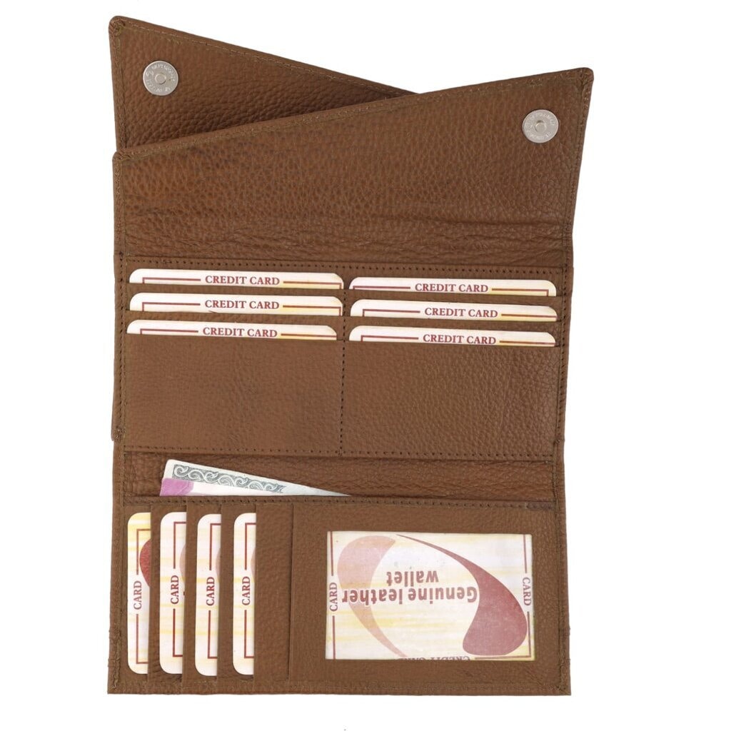 Interior view of a genuine leather women's wallet with snap button closure, organized card holders, currency pocket, and photo ID section.