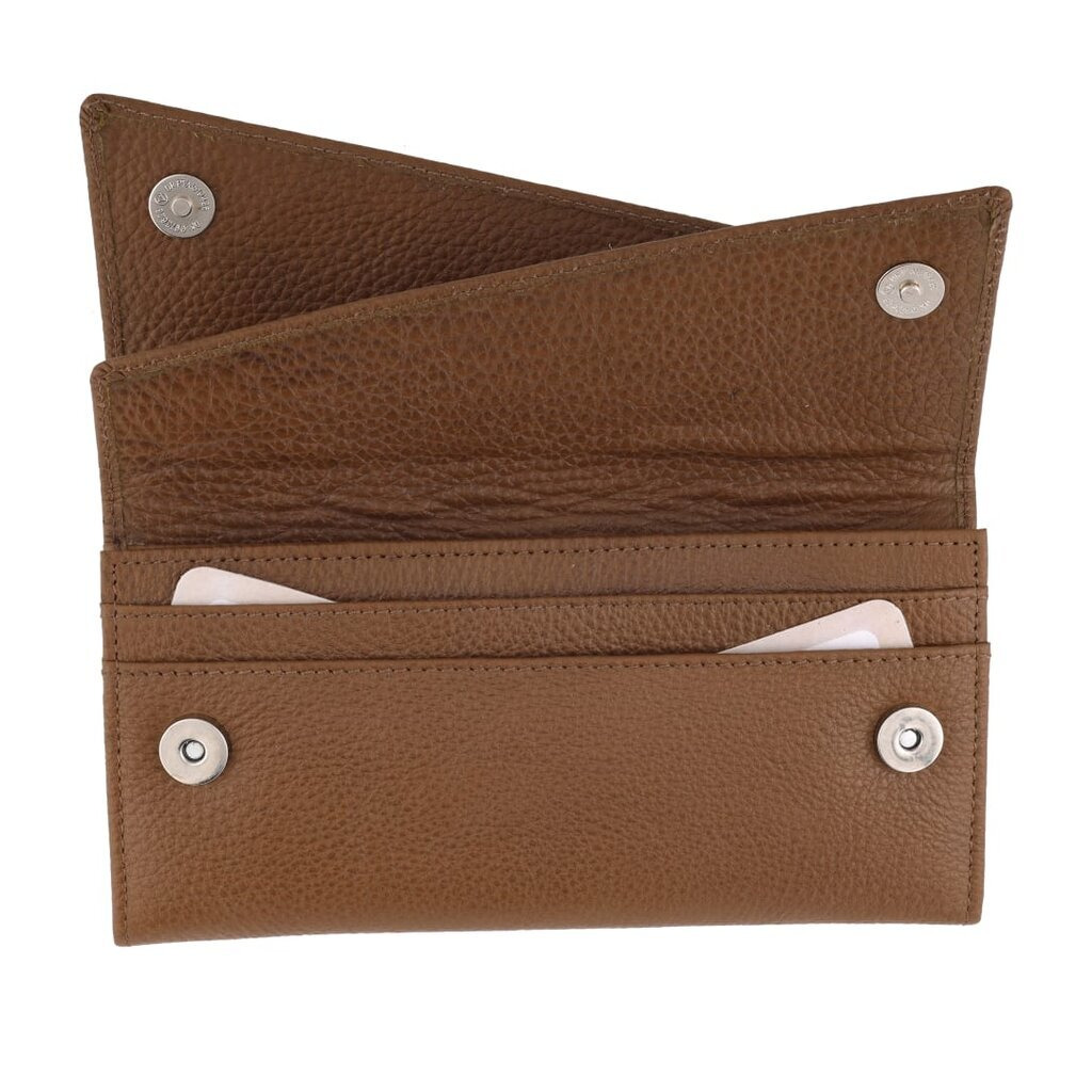 Spacious brown leather clutch wallet for women with multiple card slots and snap button closure