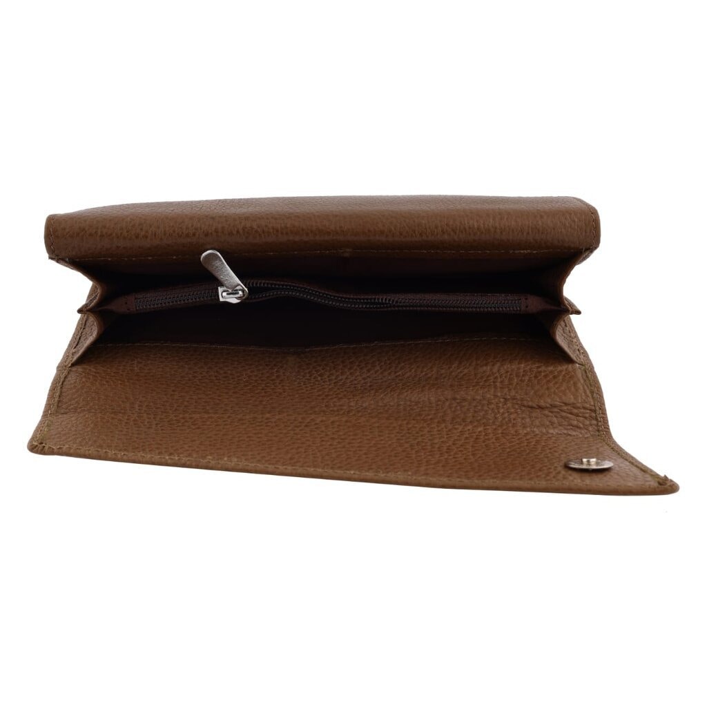 Ladies brown leather clutch wallet showcasing secure zippered compartment for coins or essentials